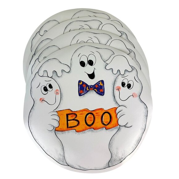 Halloween Ghost Trio BOO Set of 4 Vinyl Circle Placemats Happy Cute Bow Tie - Picture 1 of 13